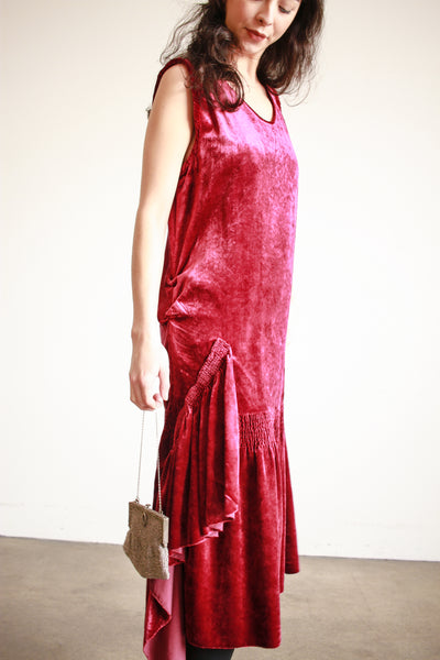 1920s Raspberry Silk Velvet Drop Waist Dress