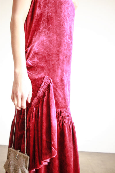 1920s Raspberry Silk Velvet Drop Waist Dress