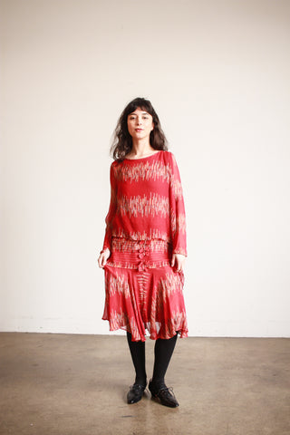 1920s Cherry Red Abstract Shawl Dress