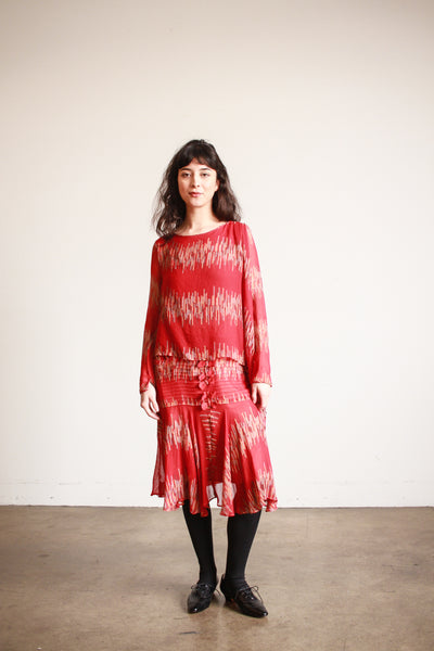 1920s Cherry Red Abstract Shawl Dress