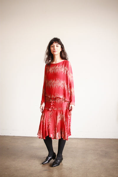 1920s Cherry Red Abstract Shawl Dress