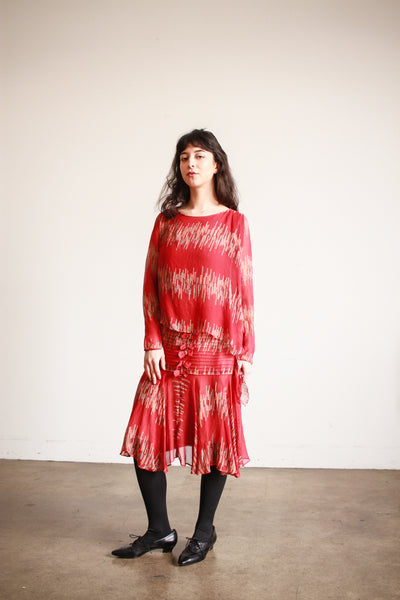 1920s Cherry Red Abstract Shawl Dress