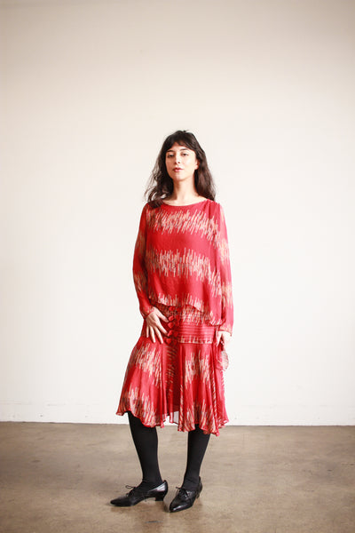 1920s Cherry Red Abstract Shawl Dress