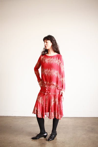 1920s Cherry Red Abstract Shawl Dress