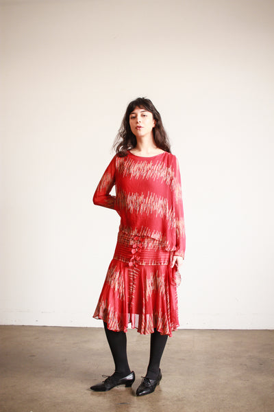 1920s Cherry Red Abstract Shawl Dress