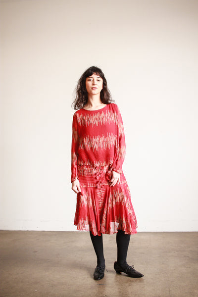 1920s Cherry Red Abstract Shawl Dress