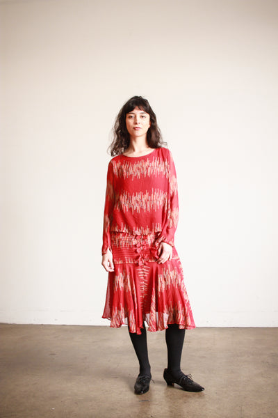 1920s Cherry Red Abstract Shawl Dress