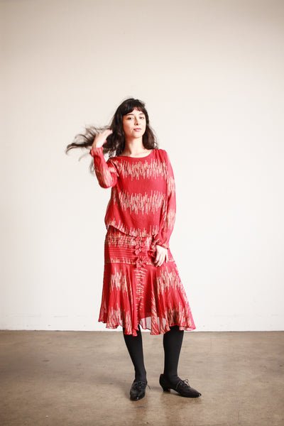 1920s Cherry Red Abstract Shawl Dress