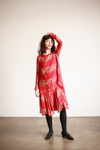 1920s Cherry Red Abstract Shawl Dress