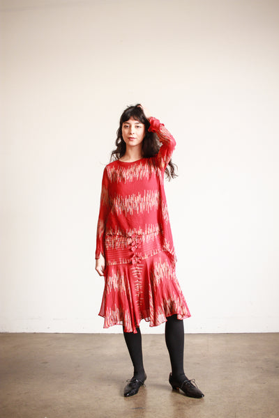 1920s Cherry Red Abstract Shawl Dress