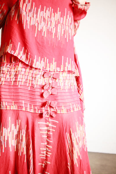 1920s Cherry Red Abstract Shawl Dress