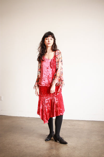 1920s Cherry Red Silk Velvet Dropwaist Dress