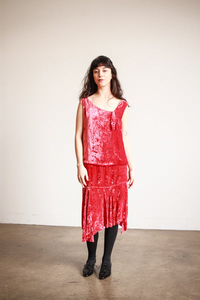 1920s Cherry Red Silk Velvet Dropwaist Dress