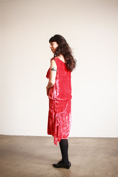 1920s Cherry Red Silk Velvet Dropwaist Dress