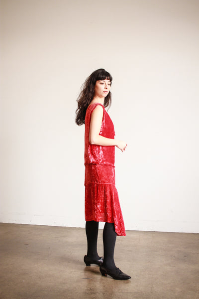 1920s Cherry Red Silk Velvet Dropwaist Dress