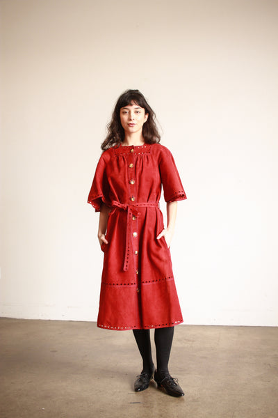 1970s Jean Muir Rust Suede Perforated Dress