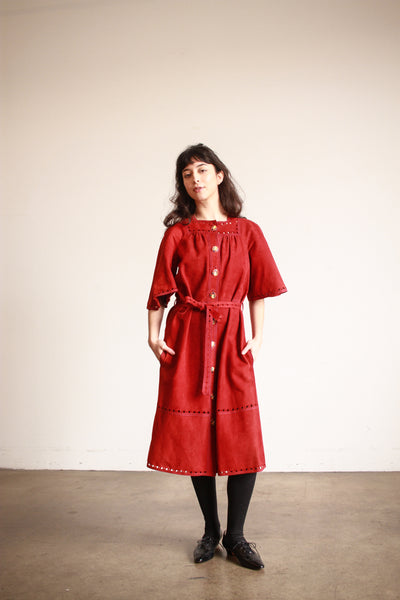 1970s Jean Muir Rust Suede Perforated Dress