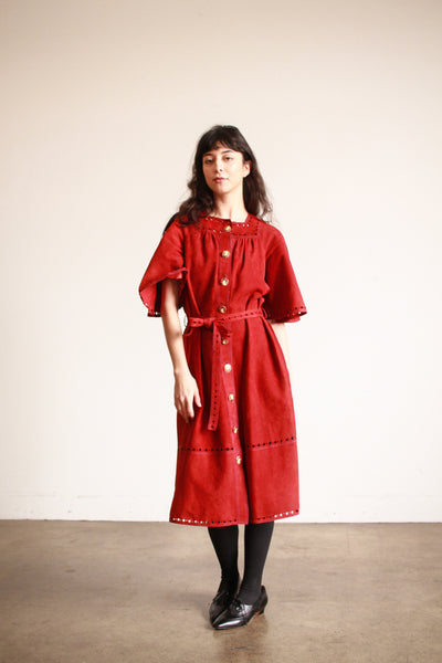 1970s Jean Muir Rust Suede Perforated Dress