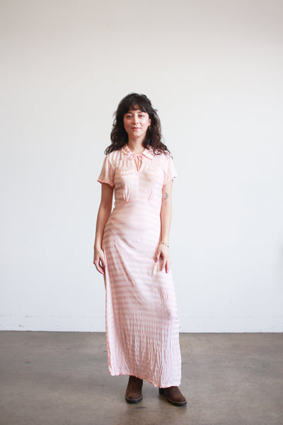 1940s Pink Jersey Nylon Striped Dress