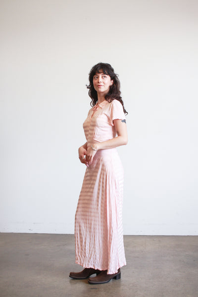 1940s Pink Jersey Nylon Striped Dress