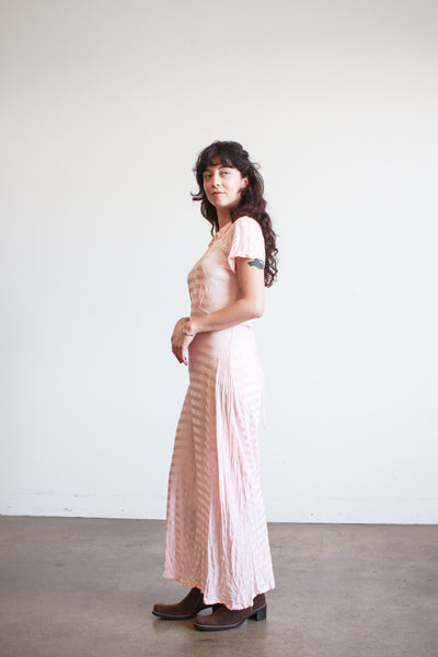 1940s Pink Jersey Nylon Striped Dress