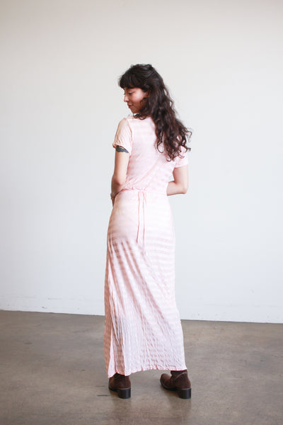 1940s Pink Jersey Nylon Striped Dress