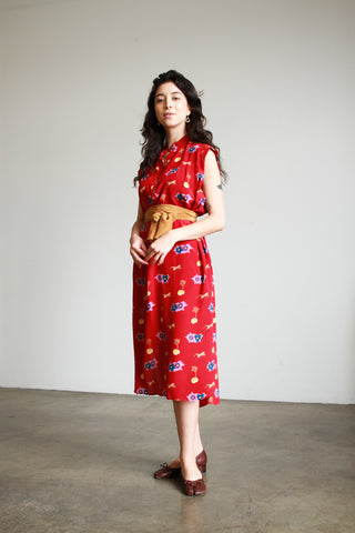 1980s Silk Tropical Red Print Shift Dress