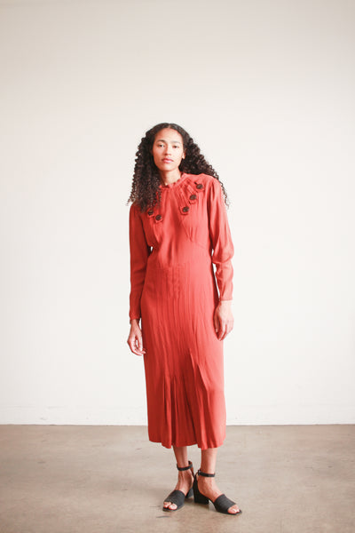 1930s Persimmon Rayon Button Detail Day Dress
