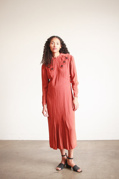 1930s Persimmon Rayon Button Detail Day Dress