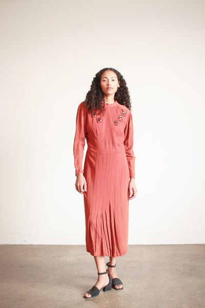 1930s Persimmon Rayon Button Detail Day Dress