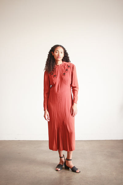 1930s Persimmon Rayon Button Detail Day Dress