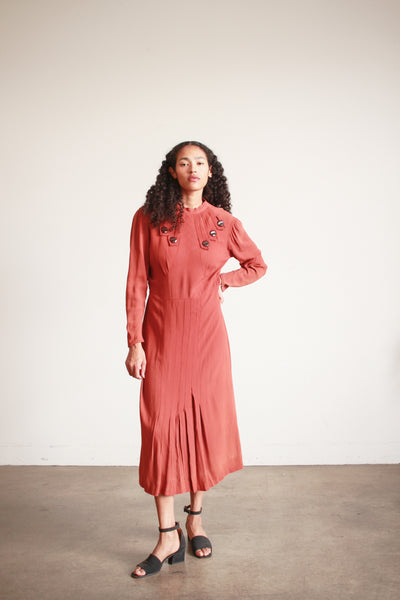 1930s Persimmon Rayon Button Detail Day Dress