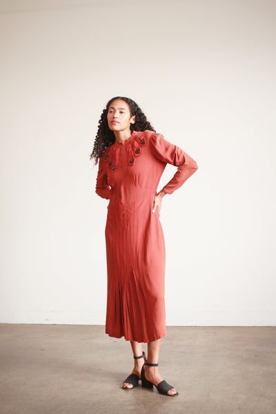 1930s Persimmon Rayon Button Detail Day Dress