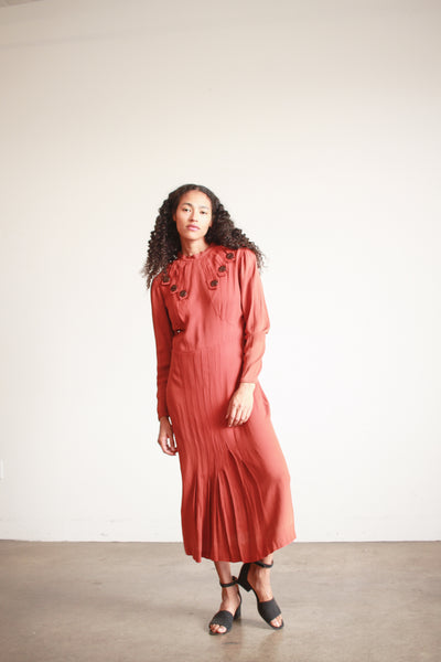 1930s Persimmon Rayon Button Detail Day Dress