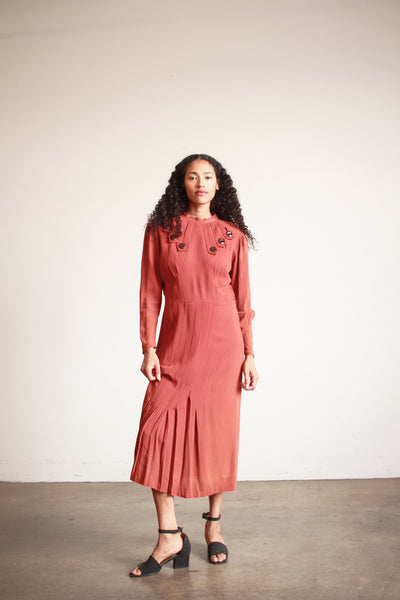 1930s Persimmon Rayon Button Detail Day Dress