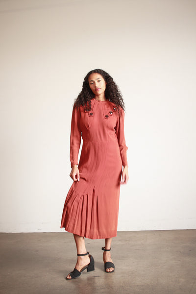 1930s Persimmon Rayon Button Detail Day Dress
