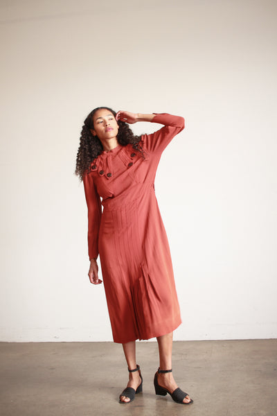 1930s Persimmon Rayon Button Detail Day Dress