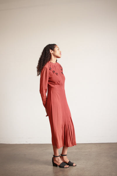 1930s Persimmon Rayon Button Detail Day Dress