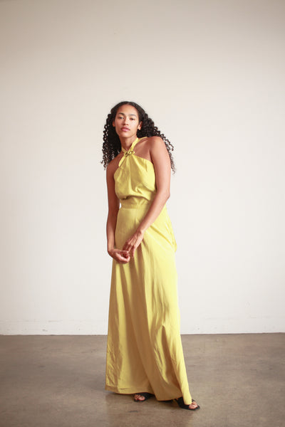 1950s Chartreuse Taffeta Halter Evening Dress