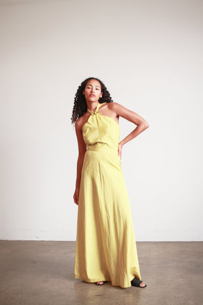1950s Chartreuse Taffeta Halter Evening Dress