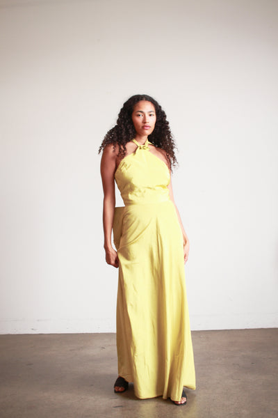 1950s Chartreuse Taffeta Halter Evening Dress