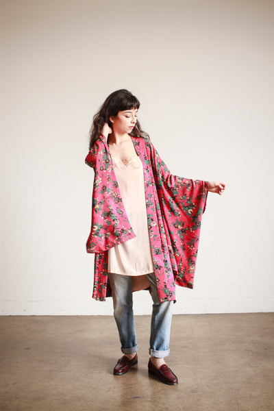 1940s Raspberry Print Reversible Pongee Silk Kimono