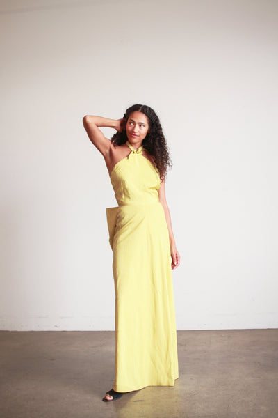 1950s Chartreuse Taffeta Halter Evening Dress