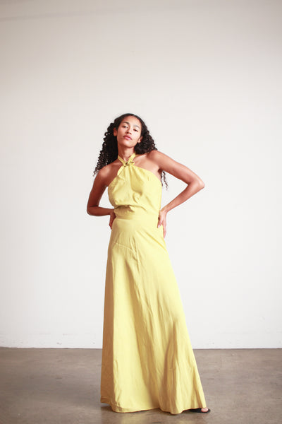 1950s Chartreuse Taffeta Halter Evening Dress