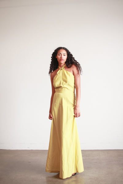 1950s Chartreuse Taffeta Halter Evening Dress