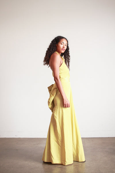 1950s Chartreuse Taffeta Halter Evening Dress