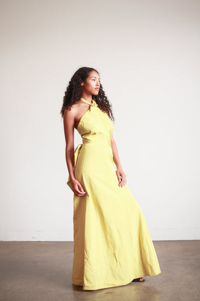 1950s Chartreuse Taffeta Halter Evening Dress