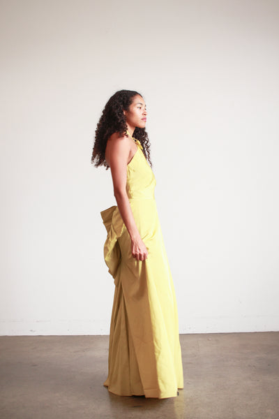 1950s Chartreuse Taffeta Halter Evening Dress