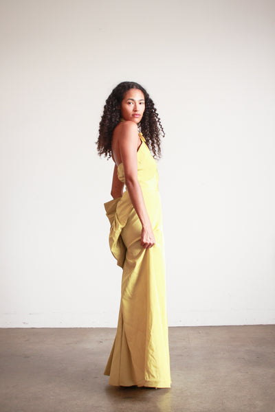 1950s Chartreuse Taffeta Halter Evening Dress