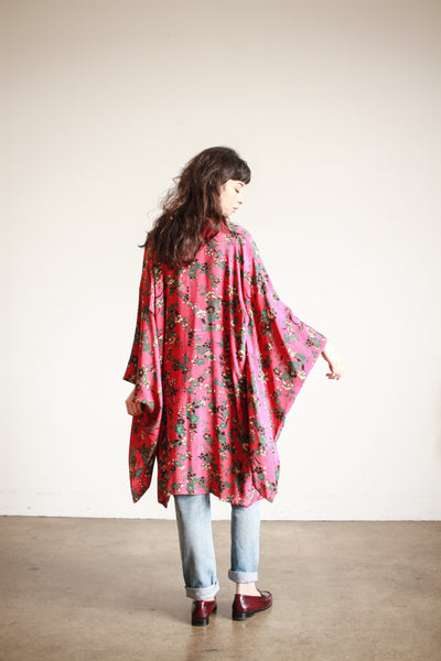 1940s Raspberry Print Reversible Pongee Silk Kimono